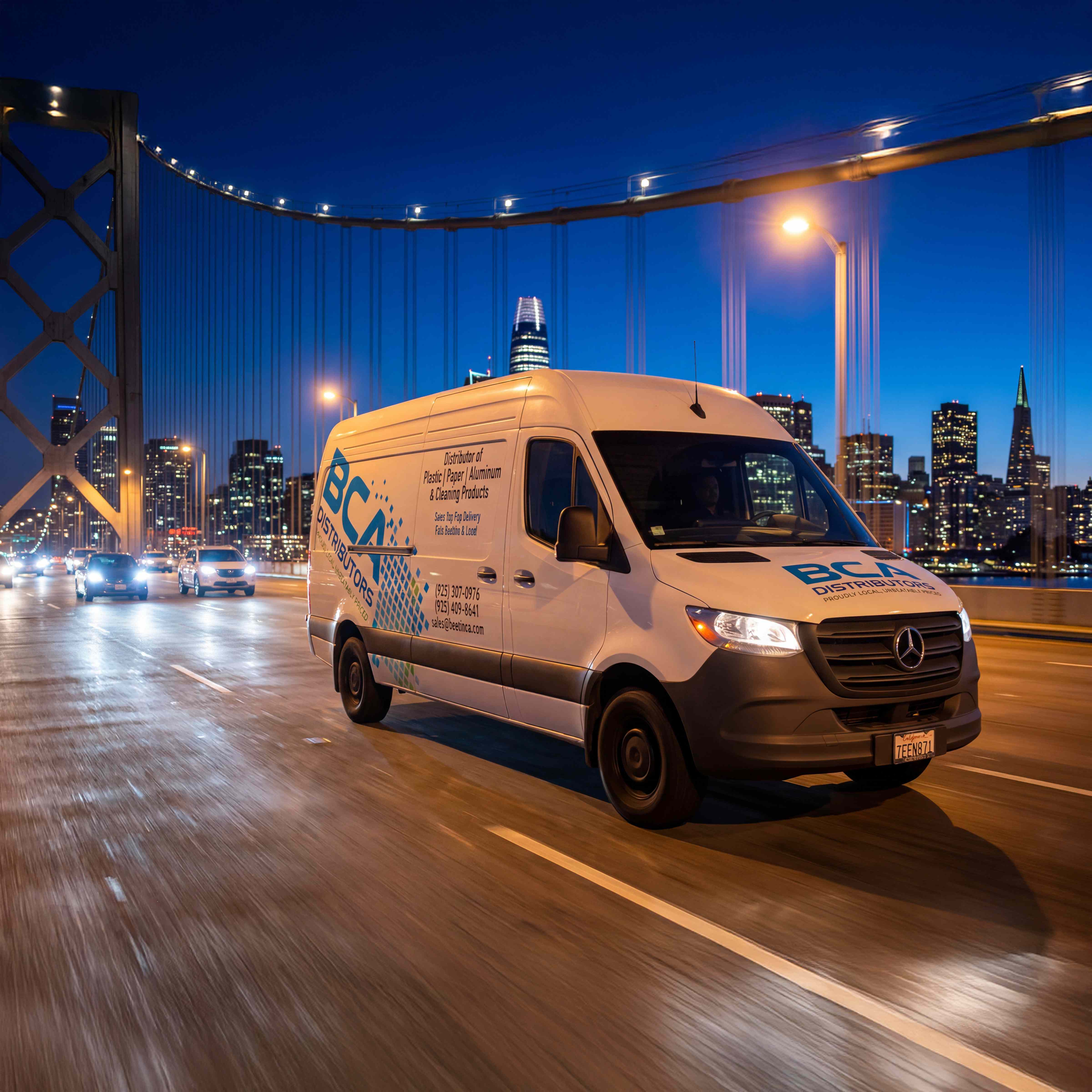 BCA Distributors delivery van on Bay Bridge at blue hour