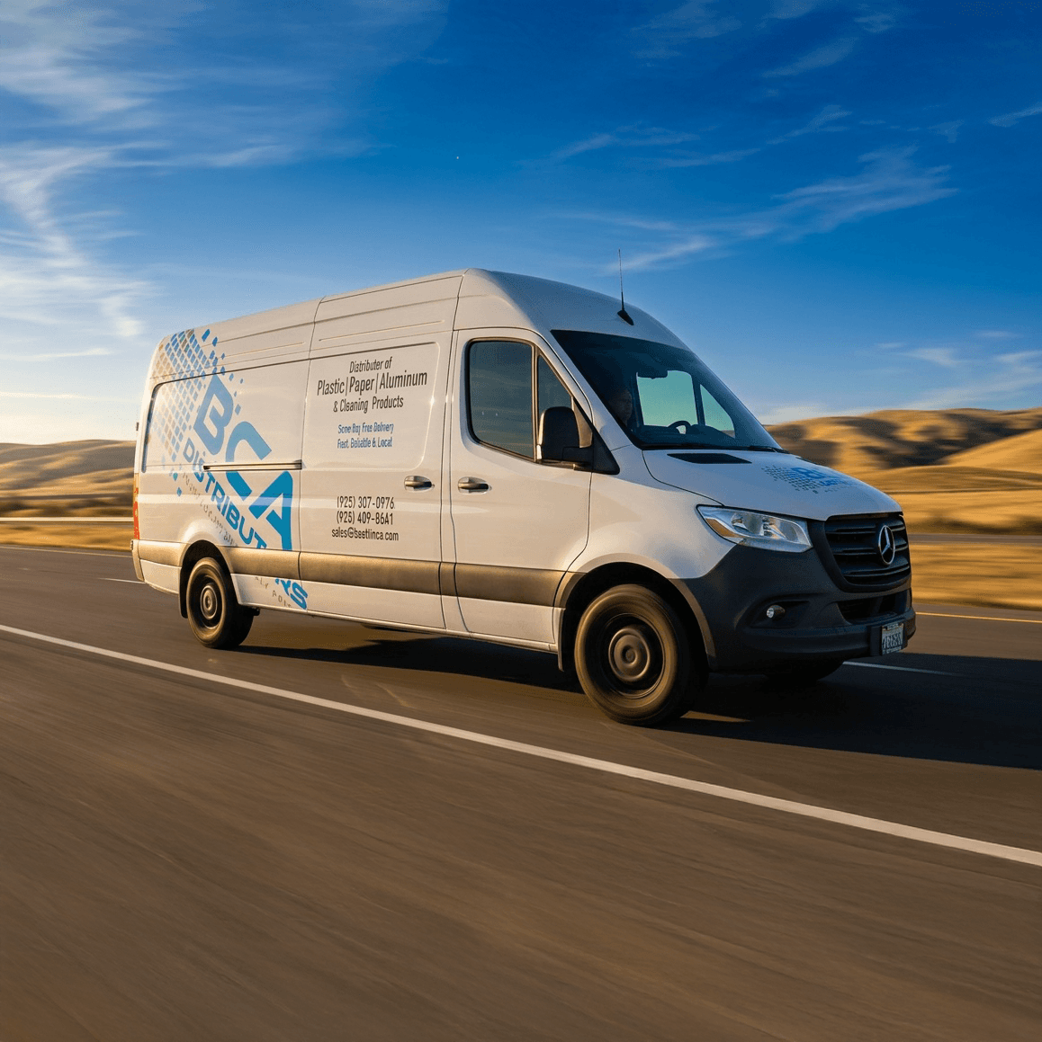 BCA Distributors delivery van on open road at golden hour