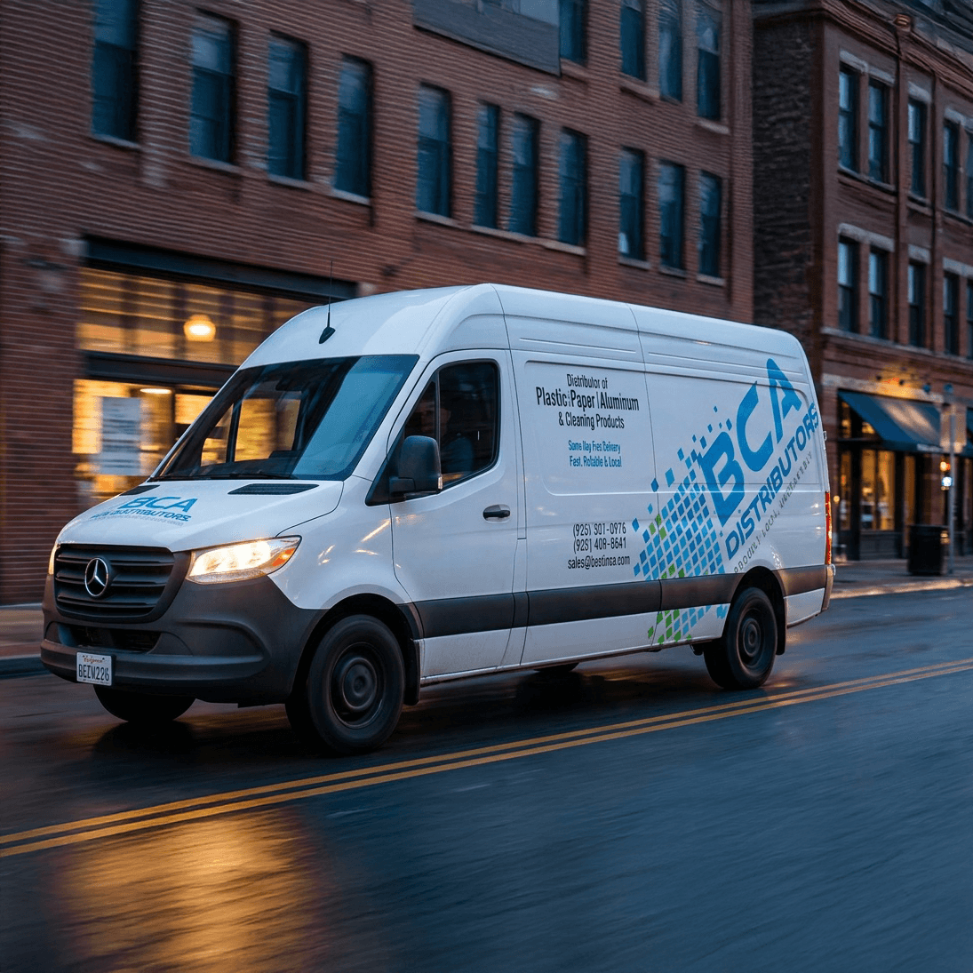 BCA Distributors delivery van on urban street at blue hour